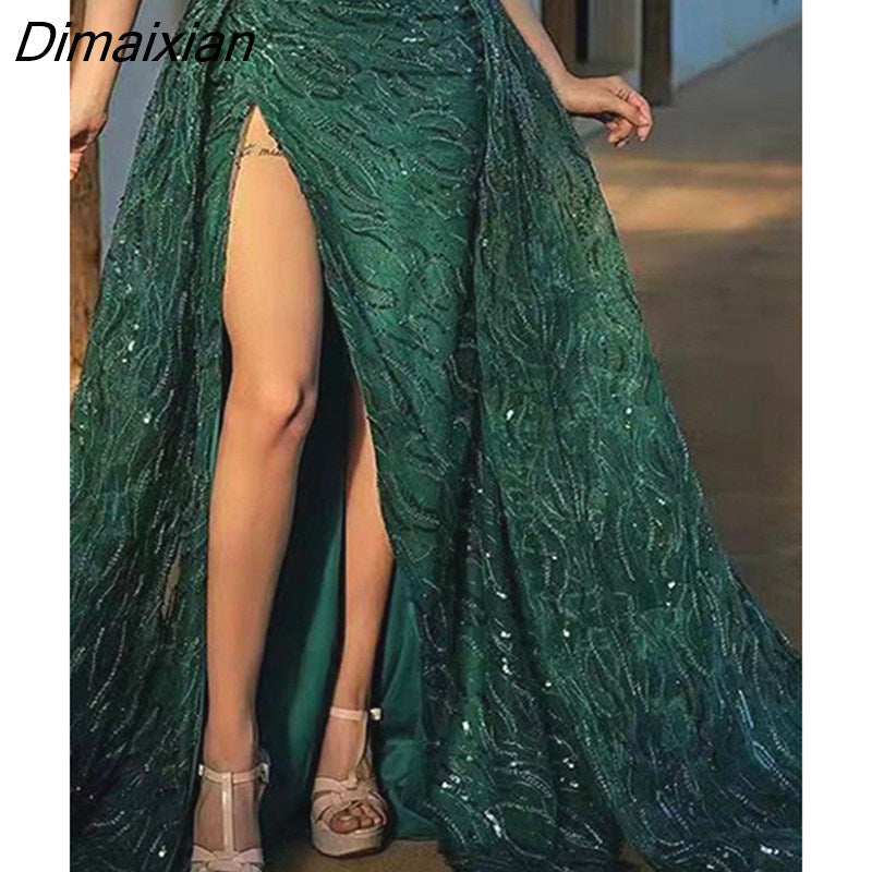 Dimaixian Women Fashion Sequin Off Shoulder High Split Dresses Female Inclined Shoulder Maxi Dress Lady Backless Party Evening Long Dress