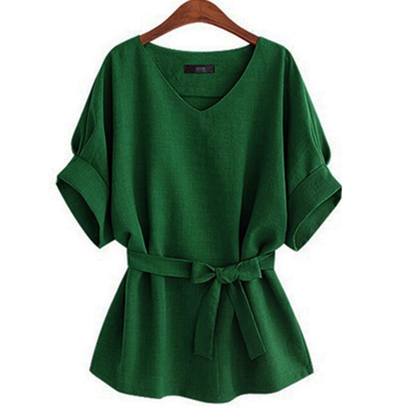 2021 Summer Women's Blouse Green New V-neck Bandage Short-sleeved Shirt  Large Size 4XL 5XL Bat Sleeve Loose Casual  FemaleTops