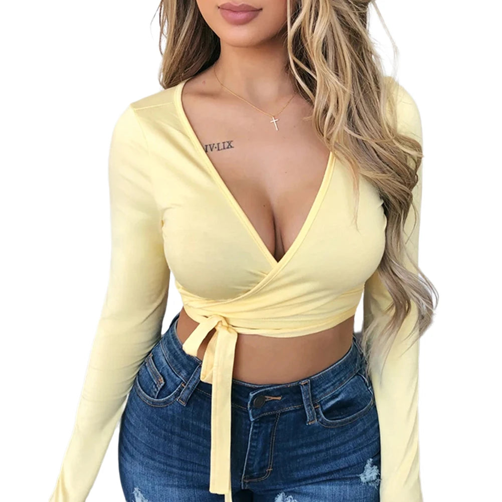 Fashion Women's Wrap Top Sexy Deep V Neck Knot Front Long Sleeve Basic Tee Strappy T shirt Tops Summer Casual Short Clothes