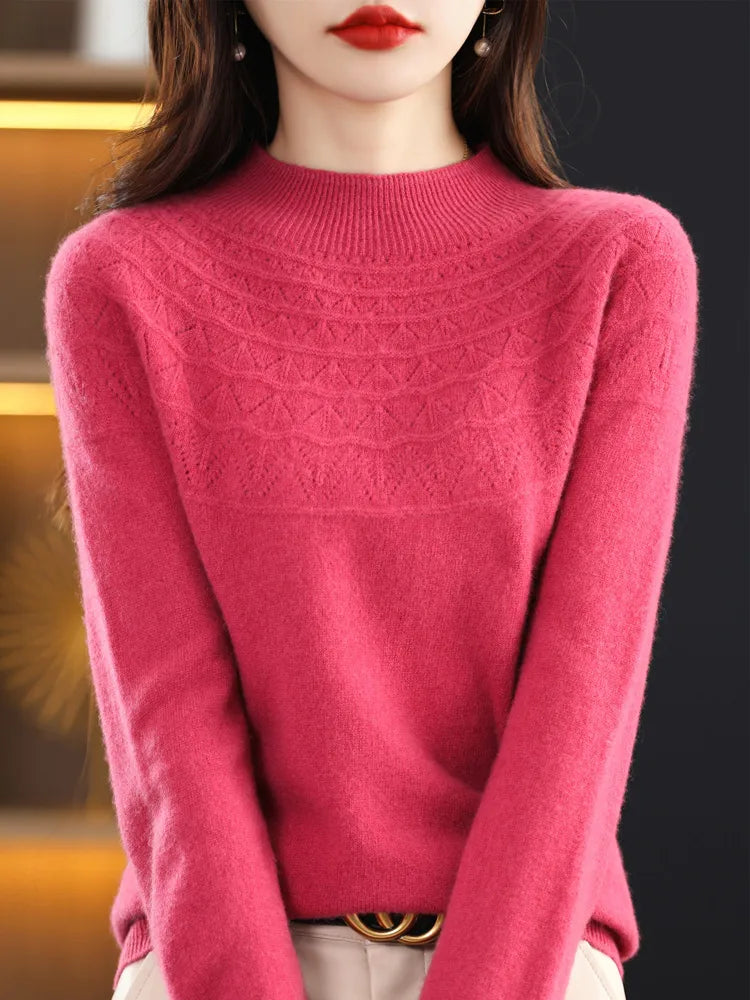 Long Sleeve Autumn Winter Women Sweater 100% Merino Wool Hollow Mock Neck Cashmere Knitted Pullover Female Clothing Basic Tops