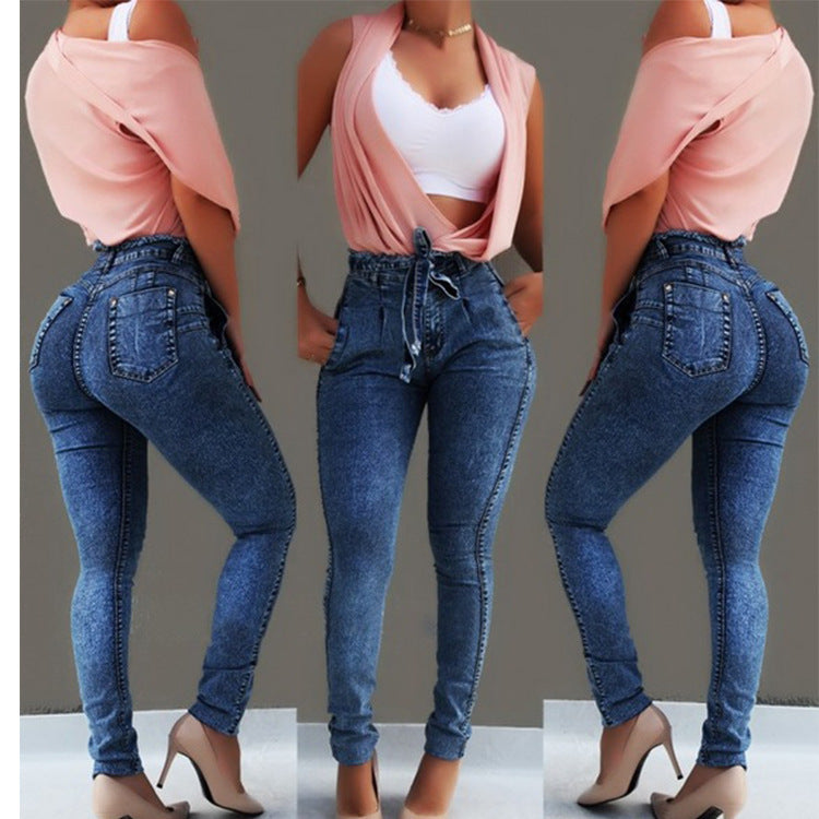 2019wish Amazon eBay hot sale women's jeans slim fit stretch fringed belt high waist jeans women