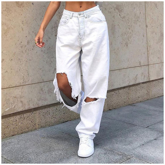 Cross-border Europe and America Amazon wish women's jeans big hole white women's jeans trousers