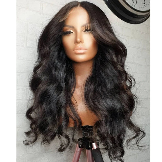 26Inch Long Body Wave Synthetic Lace Front Wigs For Black Women Preplucked Heat Resistant Daily Wear Fiber Glueless180%Density