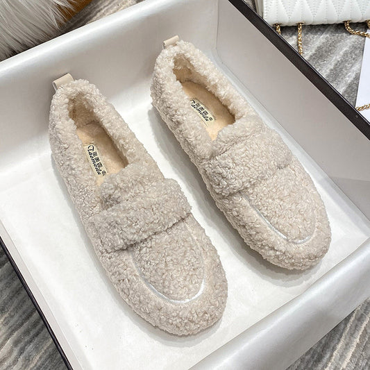 Wool shoes, women's winter wears warm, velvet, thickened, one-footed bean shoes, fairy lamb wool thick-soled plus-size cotton shoes