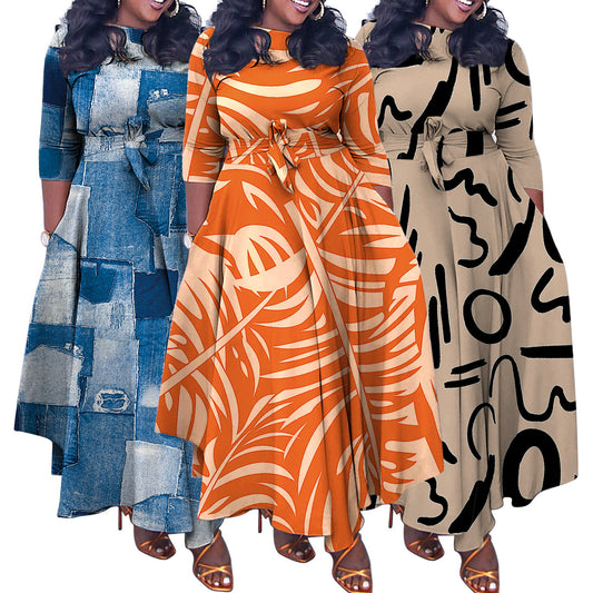 Women's Wear Fall/Winter 2023 New Fashion Temperament Tie African Plus Size Long Skirt Foreign Trade Dress