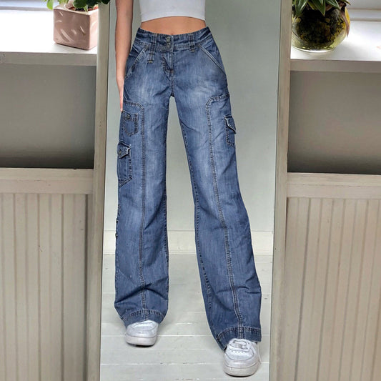 2021 foreign trade new street high waist straight casual jeans irregular pocket tooling mopping pants daddy pants