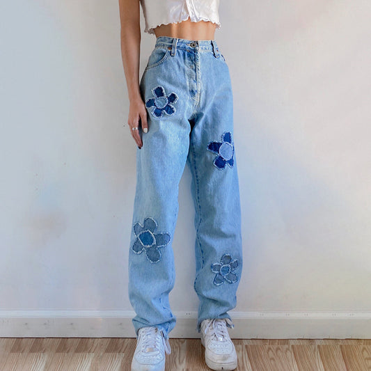 2021 autumn and summer cross-border foreign trade new flower pattern stitching contrast color high waist straight pants European and American casual jeans